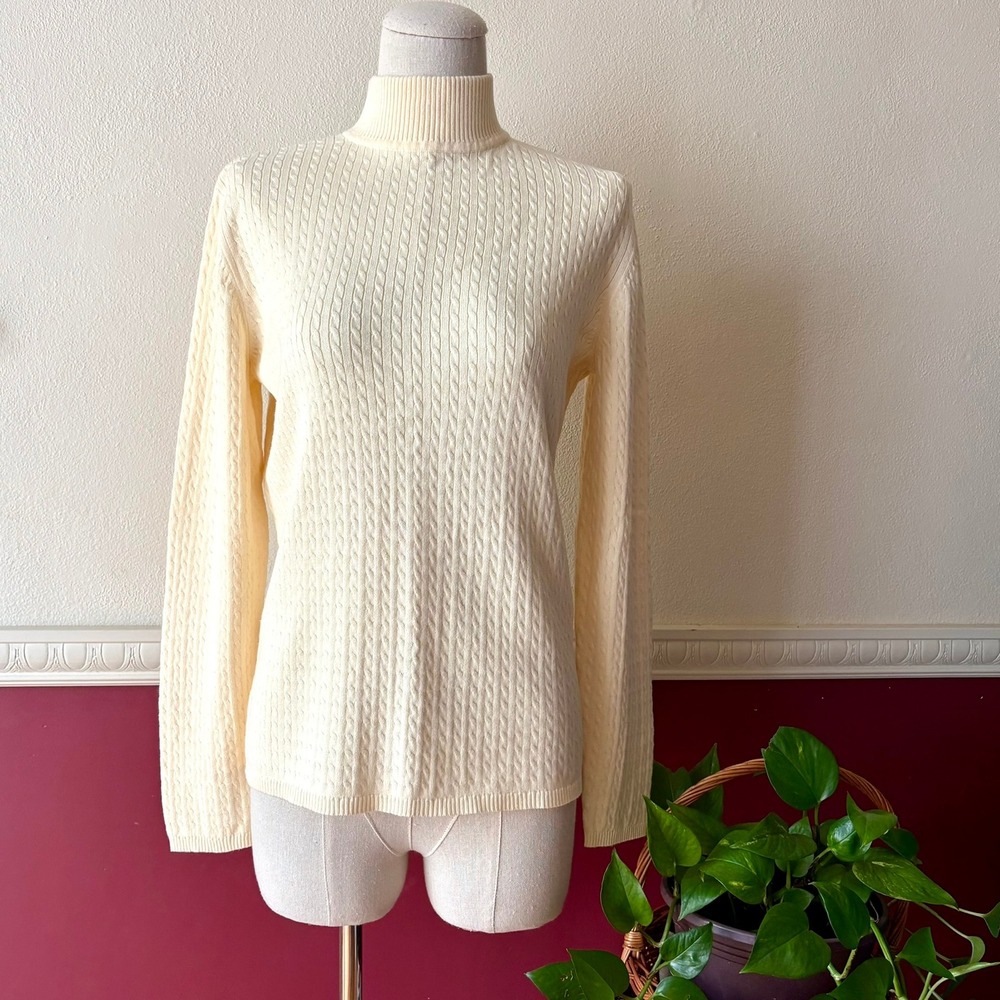 Karen Scott Cream Cable Knit Mock Neck Sweater 100% Cotton S Minimalist Neutral
